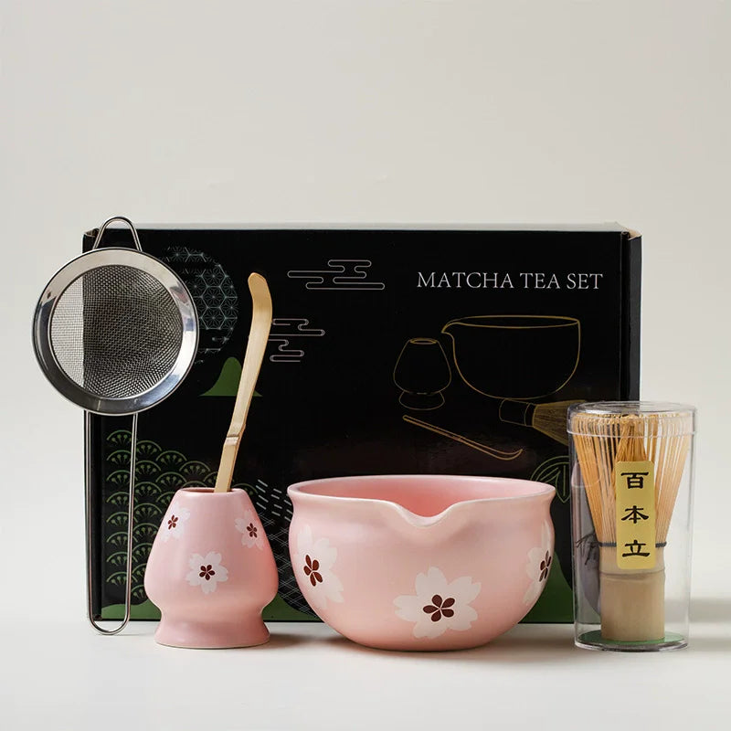 5PCS Flowers Pink Ceramic Bowl Matcha Tea Set Gift Box Safe Bamboo Brush Teaspoon Whisk Holder Matcha DIY-Making Tools ﻿