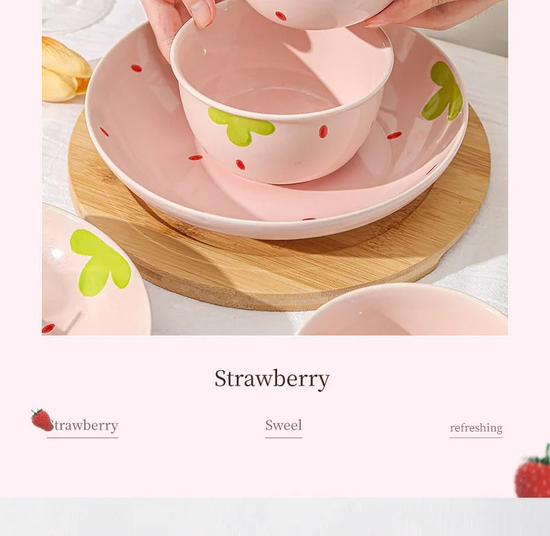 Cute Strawberry Ceramic Bowl Set For Home Use High Aesthetic Instant Noodles Salad Dessert Dining Tableware Kitchen Supplies