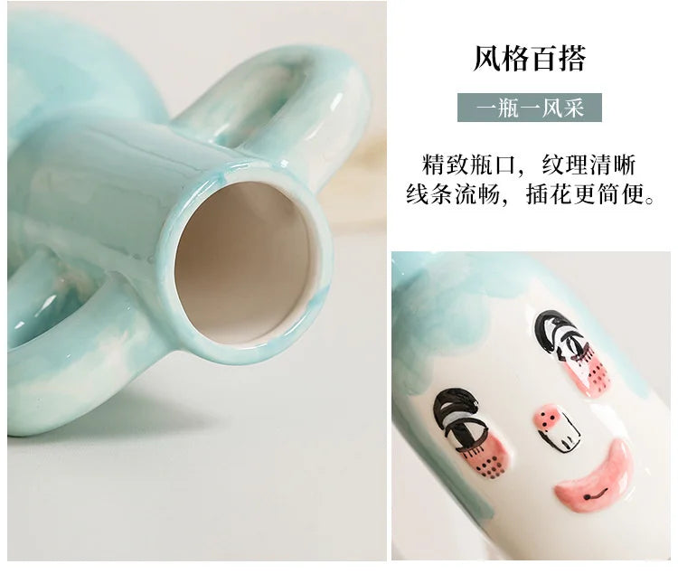 Fun Hand-painted Ceramic Flower Vase With Two Ears Living Room Decoration Accessories Decoración Hogar Home Decor Table Vases