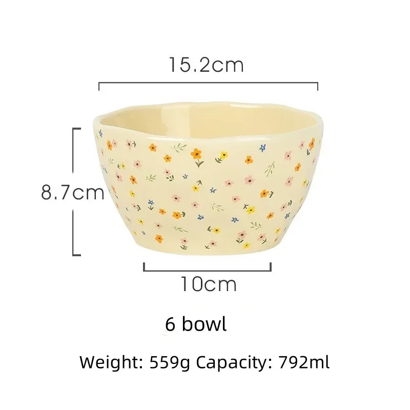 Korean Ceramic Bowl Dish with Fresh Flower Design INS Style High Appearance Level Home Domestic Rice Dish Fruit Salad Bowl
