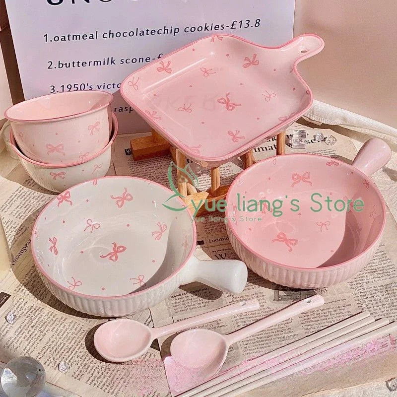 Pink Bow Ceramic Cutlery Set, Dessert Home Tableware Ceramic Handle Bowl Yogurt Cup High Value Breakfast Plate Drinkware