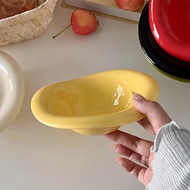 Ins Ceramic Saucer Korean Style Dessert Yogurt Oats Bowl Cream Color Fruit Salad Container Food Display Plate Kitchen Utensils