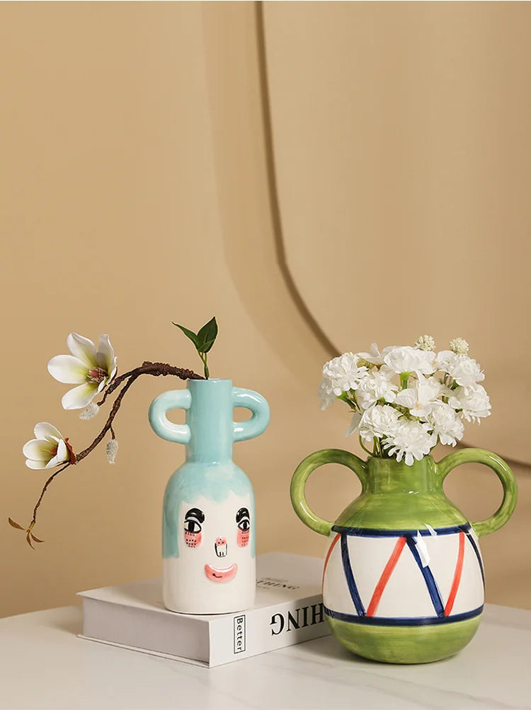 Fun Hand-painted Ceramic Flower Vase With Two Ears Living Room Decoration Accessories Decoración Hogar Home Decor Table Vases
