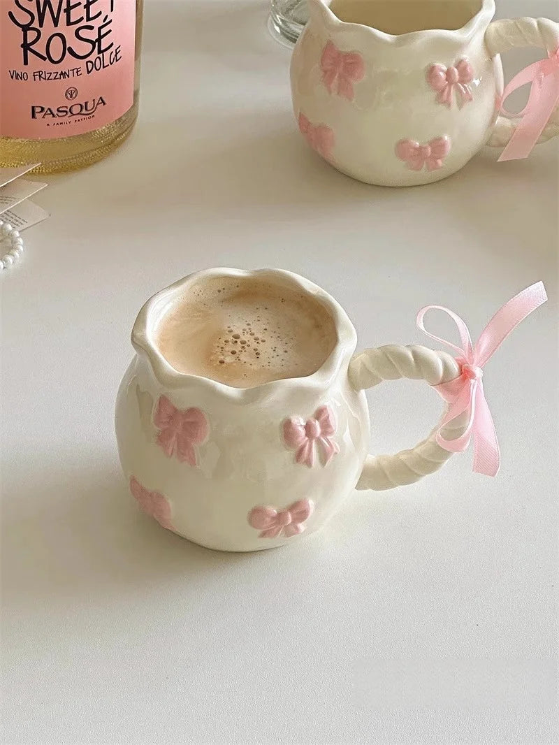 Cute Pink Relief Bow Ceramics Mug Cups Coffee Milk Drinks Ceramics Handle   Cup with Box Girls  Gift