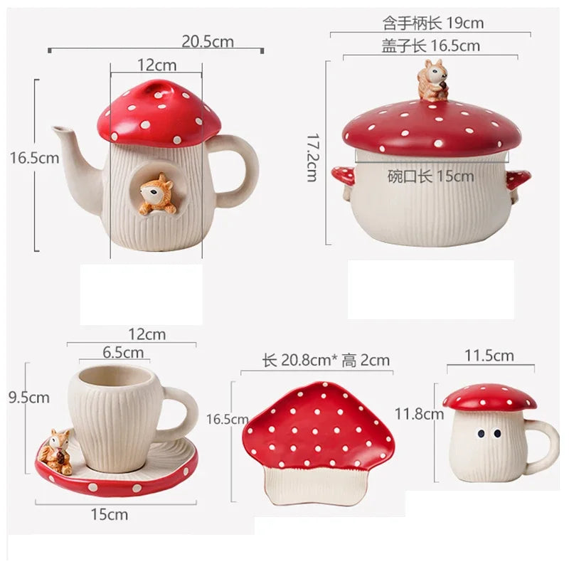 Cute Red Mushroom Ceramic Tableware Coffee Cup Afternoon Tea Set Creative Cartoon Pastry Plate Rice Bowl Salad Plate Dinner Dish