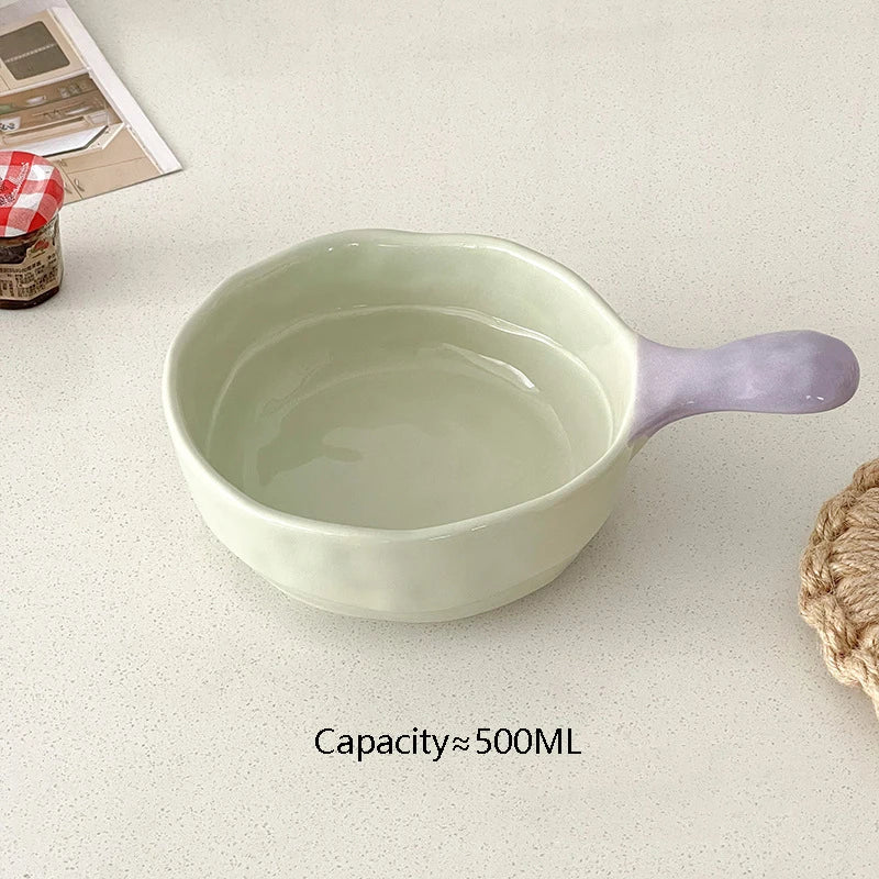 Simple Solid Ceramic Bowl With Handle Contrast Color Durable Home Kitchen Noodle Soup Dinnerware 500ML Fruit Yogurt Tablewares