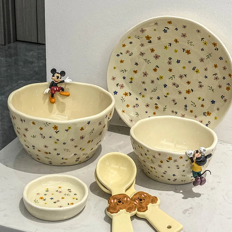 Korean Ceramic Bowl Dish with Fresh Flower Design INS Style High Appearance Level Home Domestic Rice Dish Fruit Salad Bowl