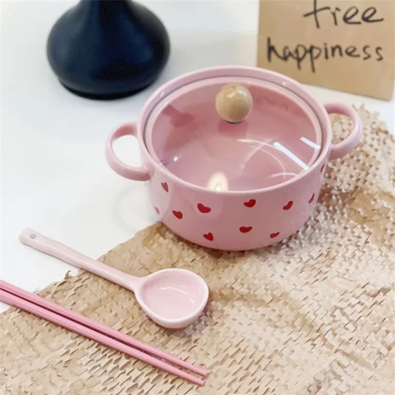 Pink Love Cutlery Set Rice Bowl Household Ceramic Double Ear Instant Noodle Soup Bowl Hand Paired Spoon Combination Noodle Bowl