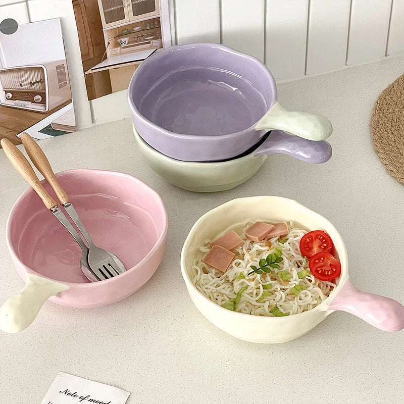 Simple Solid Ceramic Bowl With Handle Contrast Color Durable Home Kitchen Noodle Soup Dinnerware 500ML Fruit Yogurt Tablewares