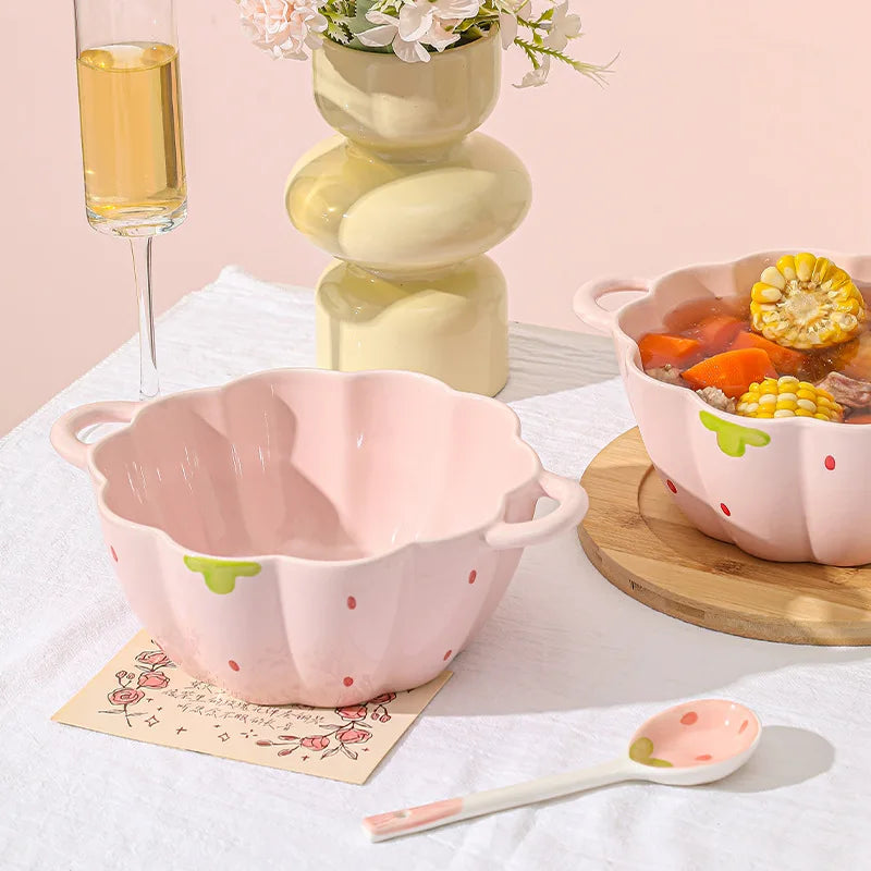 Cute Strawberry Ceramic Bowl Set For Home Use High Aesthetic Instant Noodles Salad Dessert Dining Tableware Kitchen Supplies