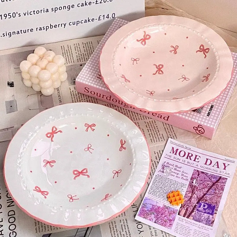 Korean Style Bowknot Underglaze Colored Bowl Plate Ceramic Dining Plate Home Salad Dessert Plate Household Art Tableware Set