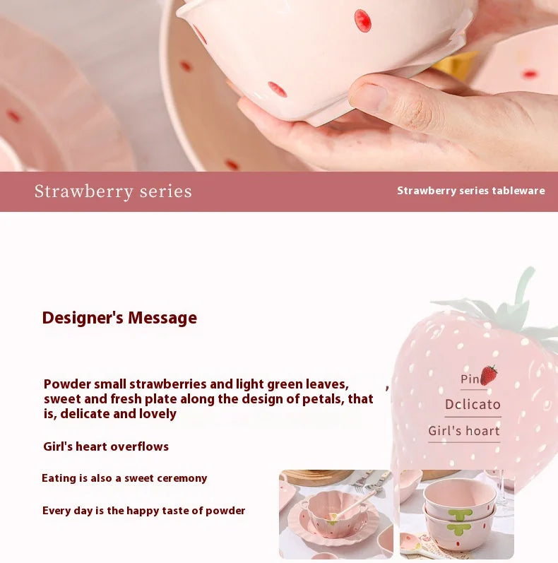 Cute Strawberry Ceramic Bowl Set For Home Use High Aesthetic Instant Noodles Salad Dessert Dining Tableware Kitchen Supplies