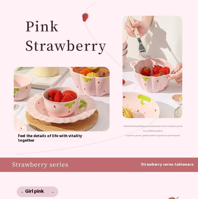 Cute Strawberry Ceramic Bowl Set For Home Use High Aesthetic Instant Noodles Salad Dessert Dining Tableware Kitchen Supplies