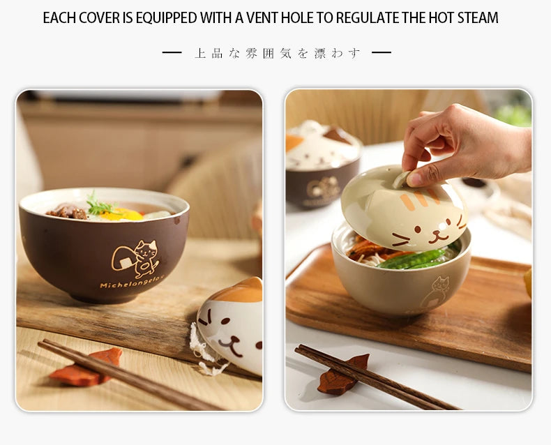 Japanese Cute Cat Cover Bowl Ceramic Soup Bowl Kawaii Instant Noodle Ramen Salad Baby Bowls Child Cartoon Decorative Dinnerware