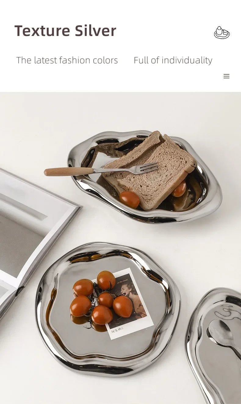 Nordic Silver Plated Ceramic Dish Irregular Tray Decorative Jewelry Organizer ins Creative Tray Luxury Ceramic Storage Tray