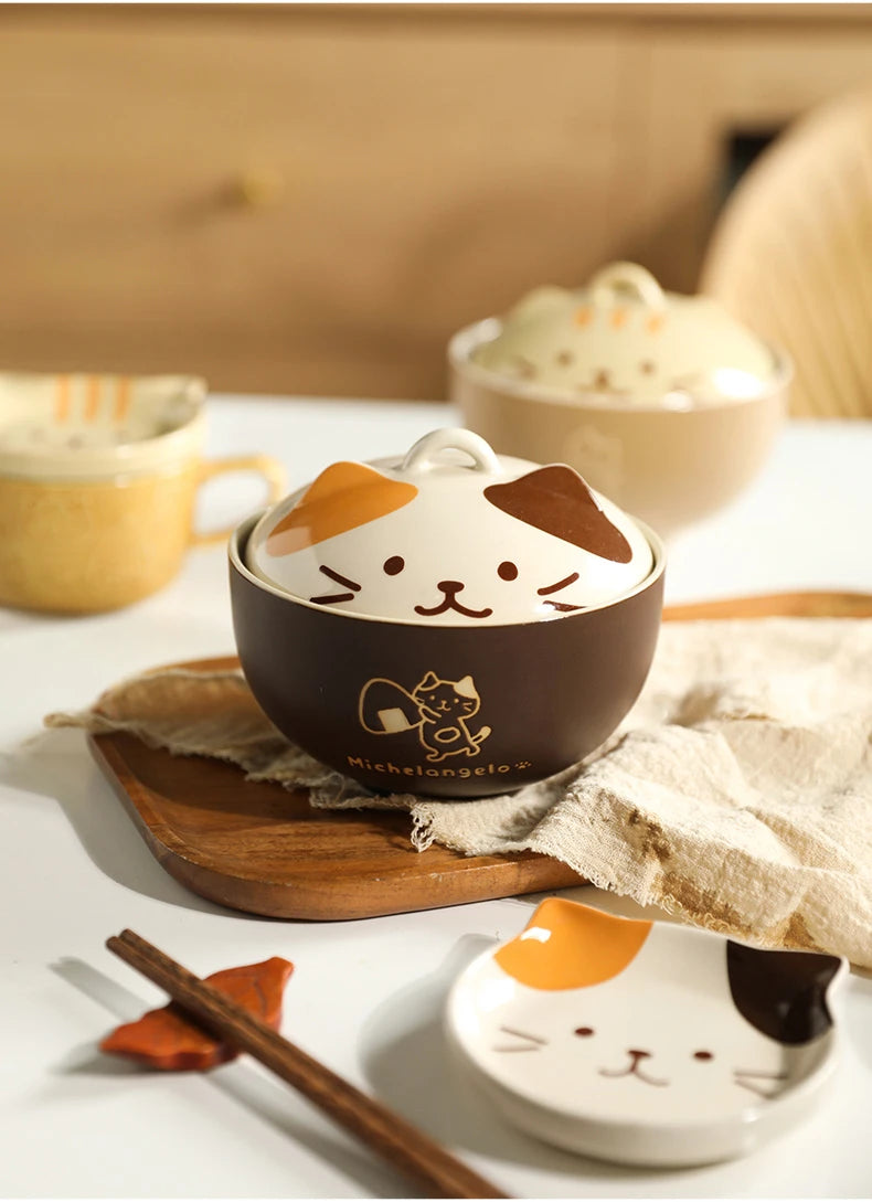 Japanese Cute Cat Cover Bowl Ceramic Soup Bowl Kawaii Instant Noodle Ramen Salad Baby Bowls Child Cartoon Decorative Dinnerware