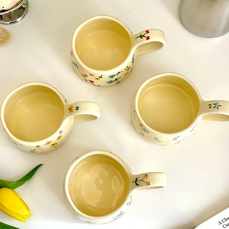 Korean Style Ceramic Mug Cute Hand Pinched Irregular Small Flower Pattern Coffee Cup Breakfast Milk Tea Cups Gift for Kids Girls
