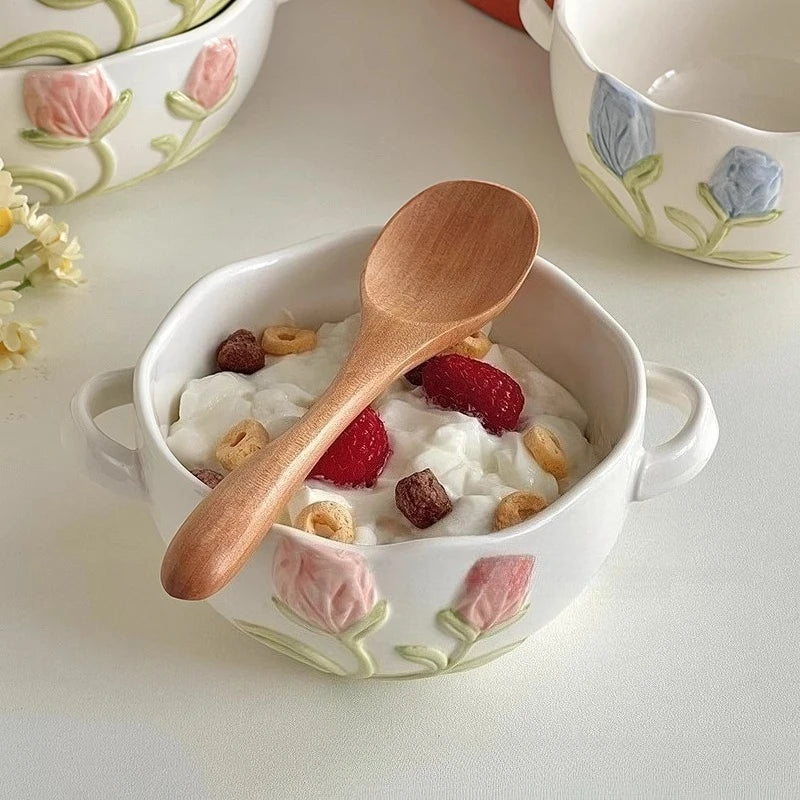 Cute Binaural Bowl Household Tableware with High Aesthetic Value Rice Bowl Ceramic Dessert Yogurt Salad Bowl