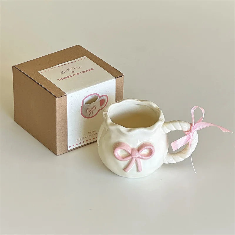 Cute Pink Relief Bow Ceramics Mug Cups Coffee Milk Drinks Ceramics Handle   Cup with Box Girls  Gift