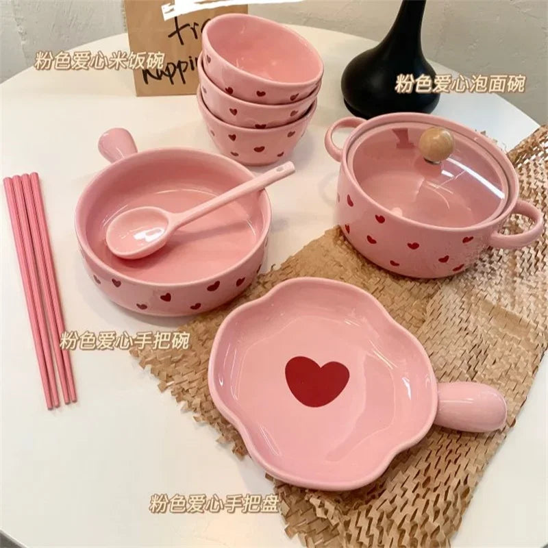 Pink Love Cutlery Set Rice Bowl Household Ceramic Double Ear Instant Noodle Soup Bowl Hand Paired Spoon Combination Noodle Bowl