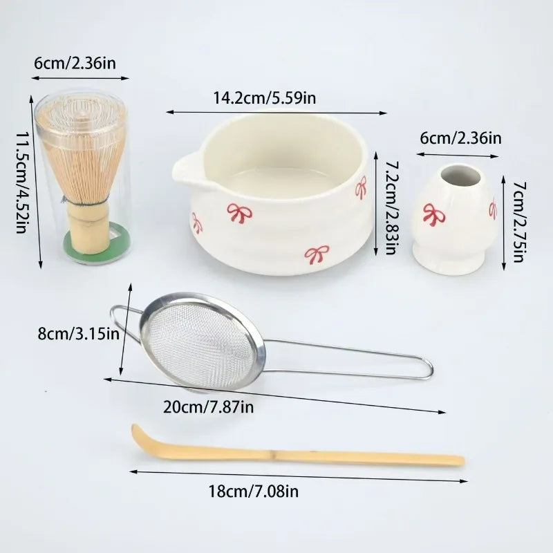 5 pieces of white bow decal ceramic matcha set, matcha set includes matcha bowl, matcha mixer and holder, bamboo spoon, sieve
