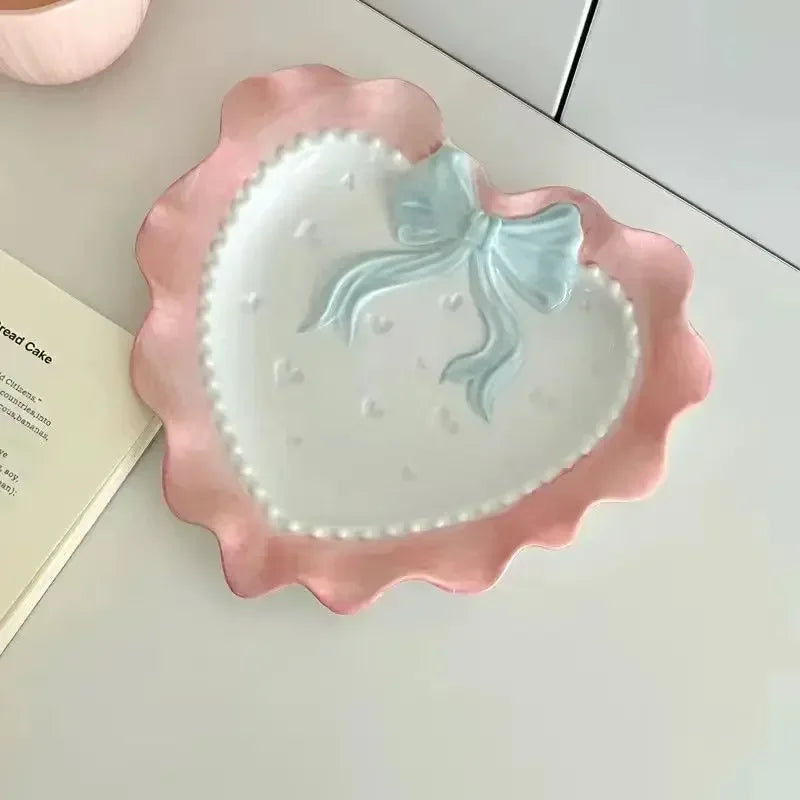Heart-shaped Bow Wavy Edge Ceramic Dinnerware Set Ideal Cake Presentation, Korean Princess Pastry Platter, Lace-edged Rice Bowls