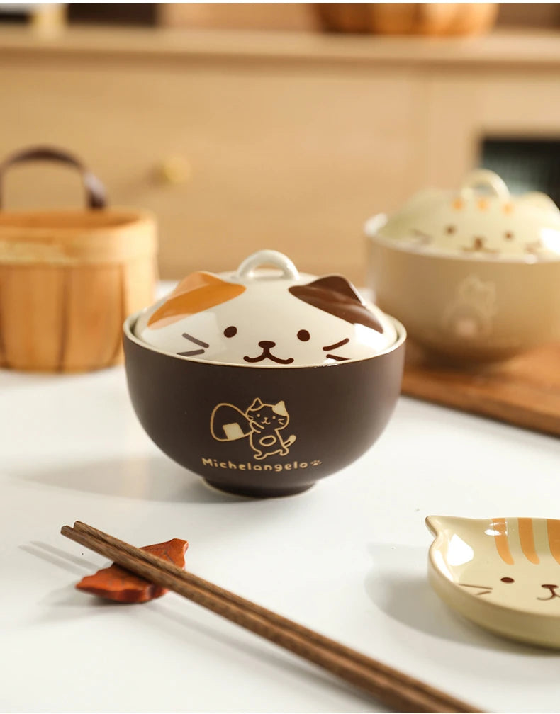 Japanese Cute Cat Cover Bowl Ceramic Soup Bowl Kawaii Instant Noodle Ramen Salad Baby Bowls Child Cartoon Decorative Dinnerware