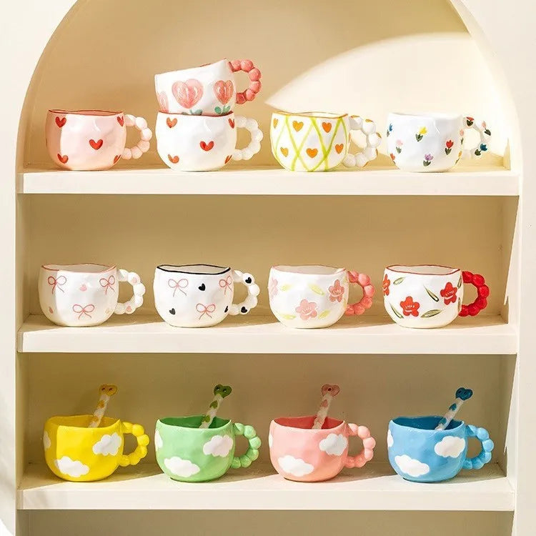 Cute Ceramic Mugs Cloud Heart Pattern Coffee Cups Flower Milk Tea Cup 250ML Drinkware Kitchen
