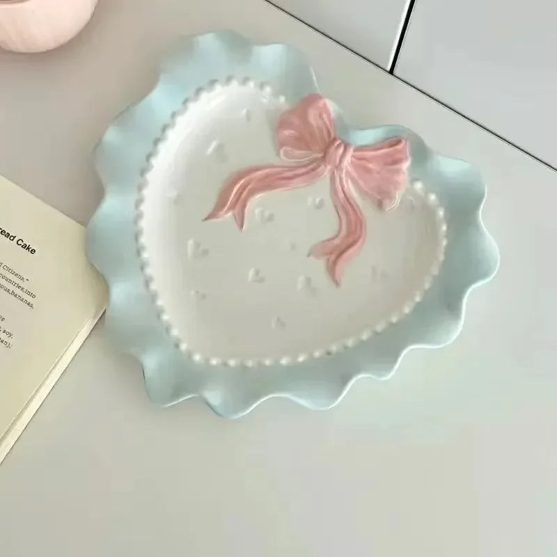 Heart-shaped Bow Wavy Edge Ceramic Dinnerware Set Ideal Cake Presentation, Korean Princess Pastry Platter, Lace-edged Rice Bowls
