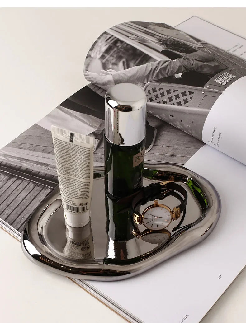 Nordic Silver Plated Ceramic Dish Irregular Tray Decorative Jewelry Organizer ins Creative Tray Luxury Ceramic Storage Tray