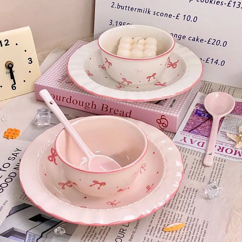 Korean Style Bowknot Underglaze Colored Bowl Plate Ceramic Dining Plate Home Salad Dessert Plate Household Art Tableware Set