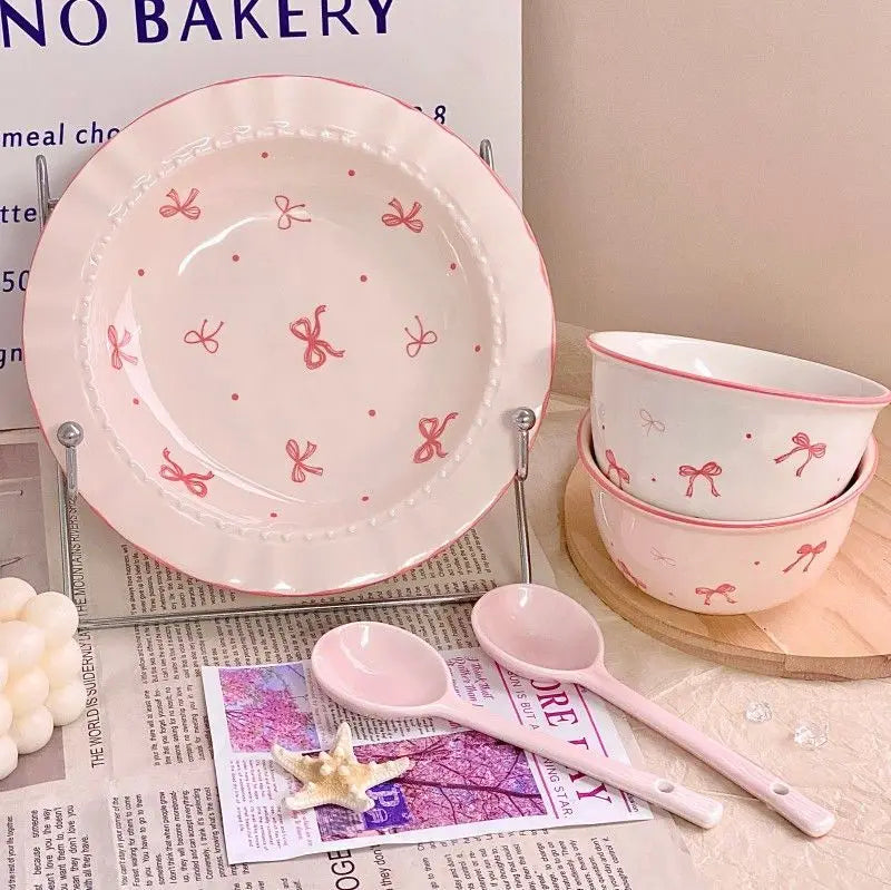 Korean Style Bowknot Underglaze Colored Bowl Plate Ceramic Dining Plate Home Salad Dessert Plate Household Art Tableware Set
