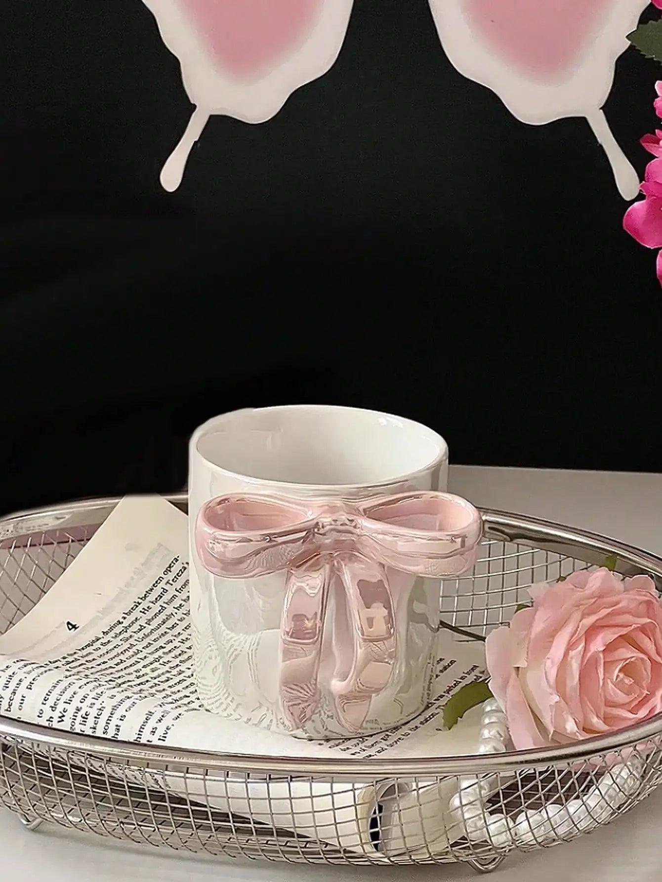 Ins style dreamy bow ceramic mug with high aesthetic value, drinking cup, coffee cup