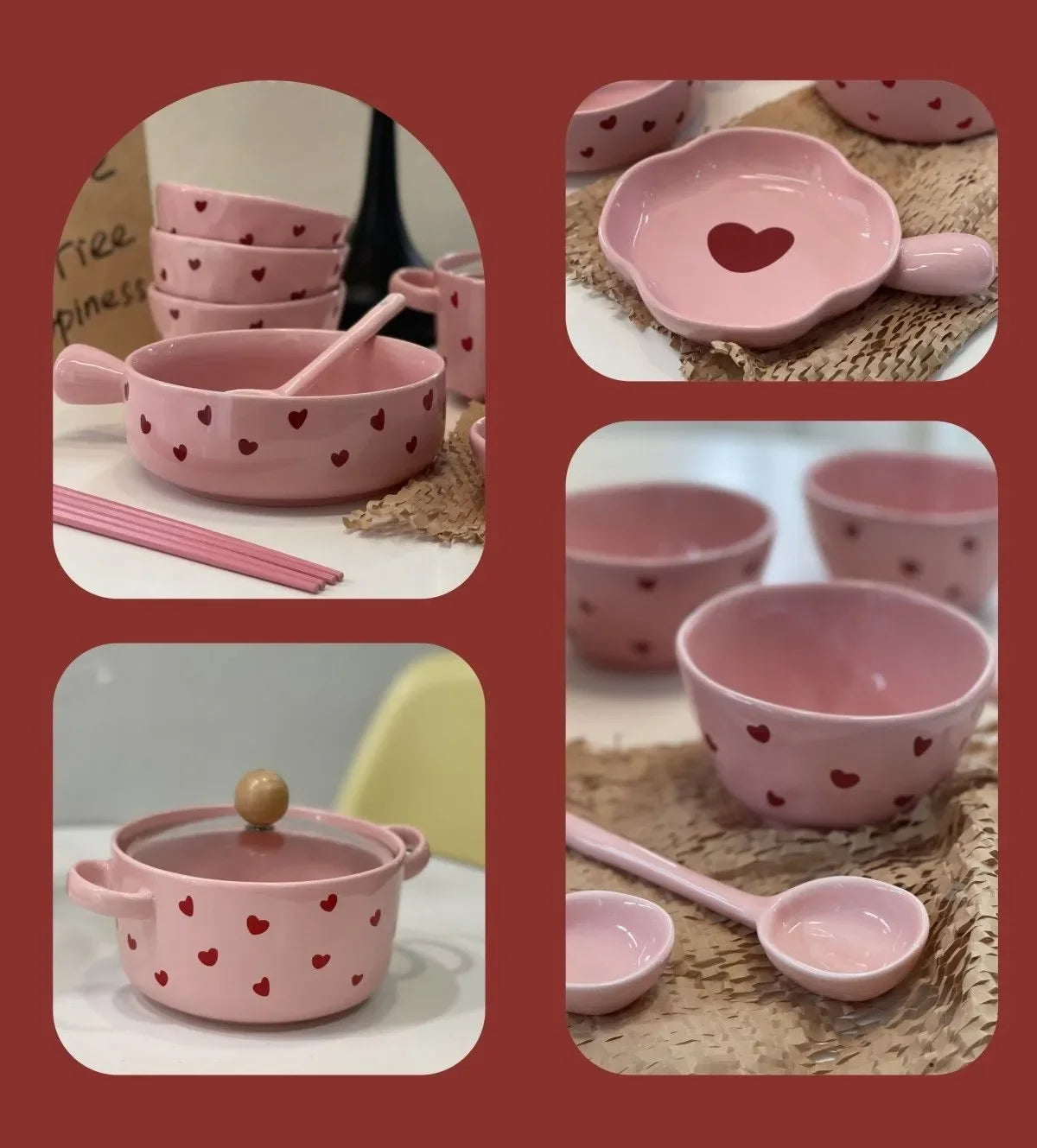 Pink Love Cutlery Set Rice Bowl Household Ceramic Double Ear Instant Noodle Soup Bowl Hand Paired Spoon Combination Noodle Bowl