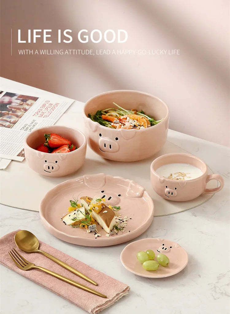 European Creative Cute Pink Pig Tableware Dishes Home Ceramic Plate Breakfast Nordic Wind Irregular Matte Plate Kitchen Utensils