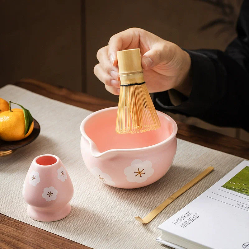 5PCS Flowers Pink Ceramic Bowl Matcha Tea Set Gift Box Safe Bamboo Brush Teaspoon Whisk Holder Matcha DIY-Making Tools ﻿