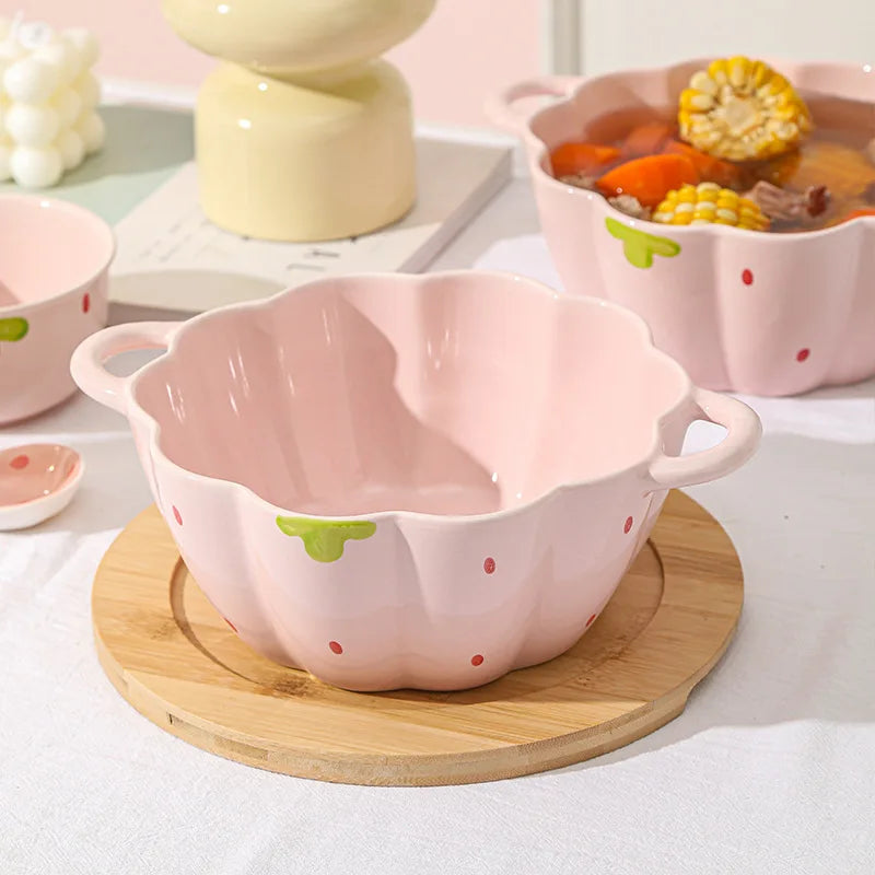 Cute Strawberry Ceramic Bowl Set For Home Use High Aesthetic Instant Noodles Salad Dessert Dining Tableware Kitchen Supplies