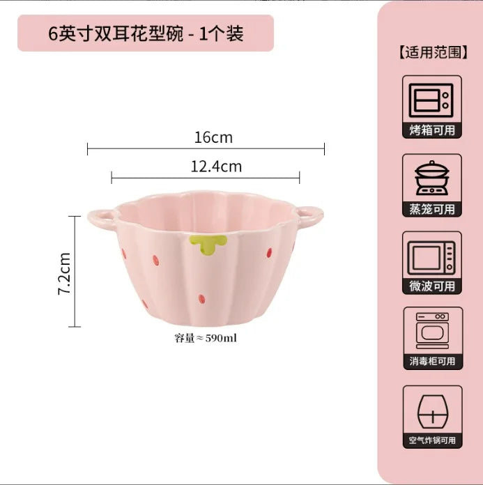 Cute Strawberry Ceramic Bowl Set For Home Use High Aesthetic Instant Noodles Salad Dessert Dining Tableware Kitchen Supplies