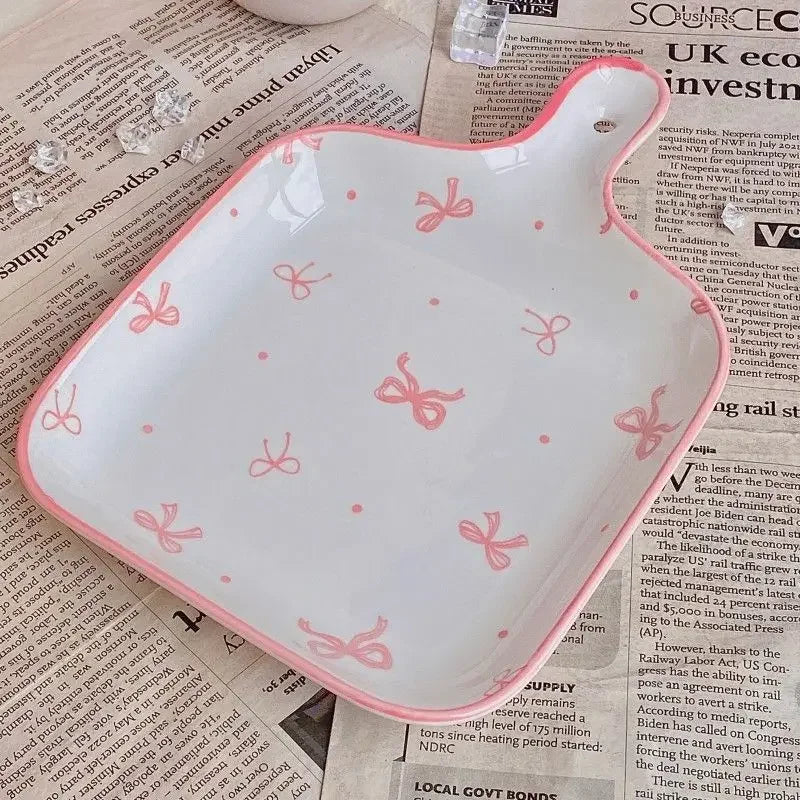 Pink Bow Ceramic Cutlery Set, Dessert Home Tableware Ceramic Handle Bowl Yogurt Cup High Value Breakfast Plate Drinkware