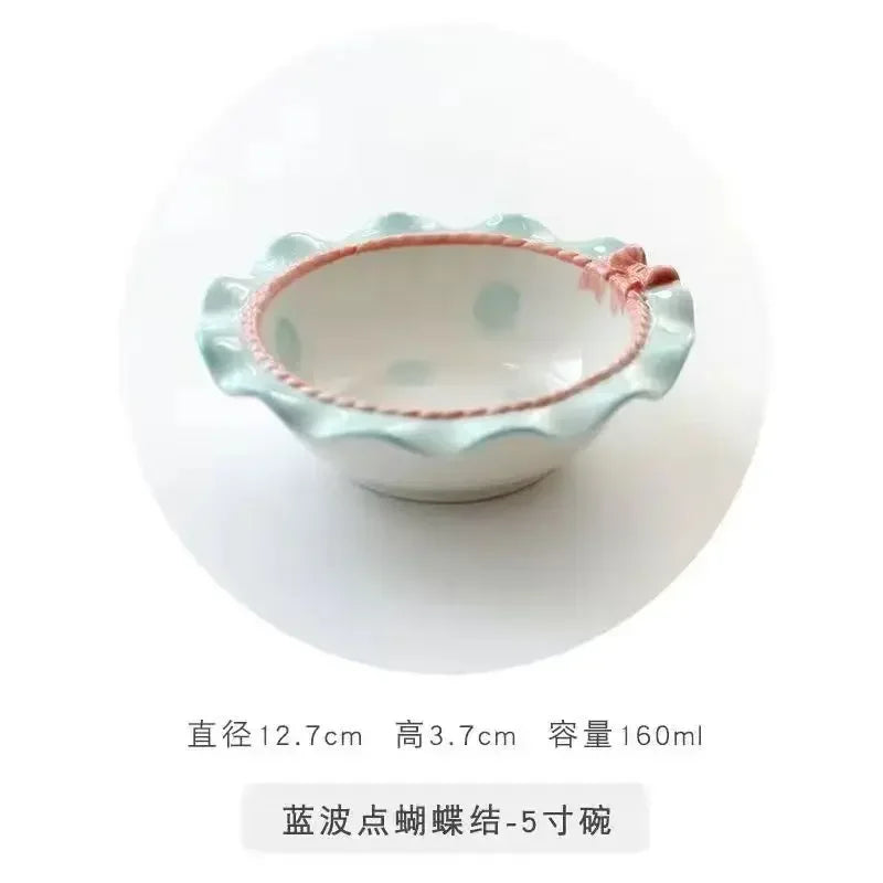 Heart-shaped Bow Wavy Edge Ceramic Dinnerware Set Ideal Cake Presentation, Korean Princess Pastry Platter, Lace-edged Rice Bowls