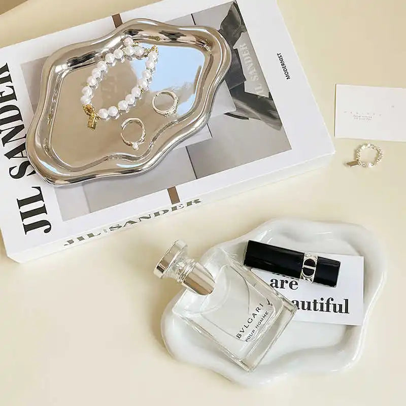 Silver Ceramic Plate Dish Irregular Tray Decorative Tray Storage Plate Household Snack Dish Shooting Props Shop Display