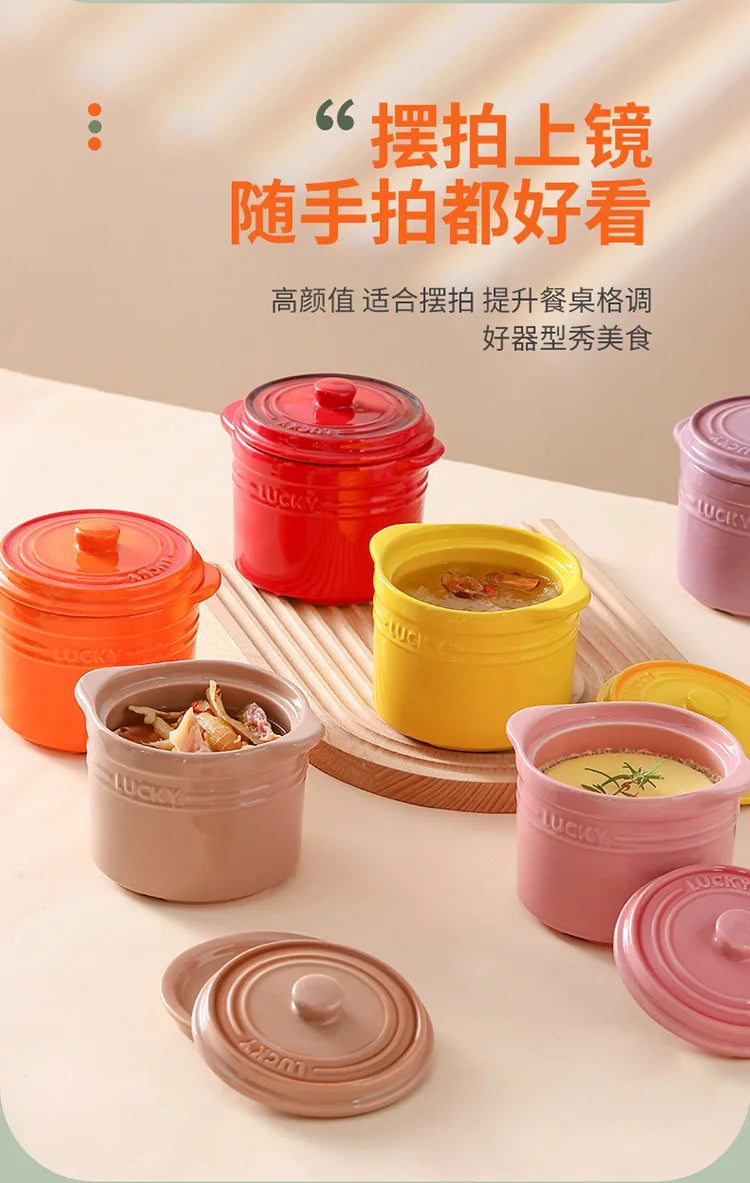 Double Lid Ceramic Bowl,Bird's Nest Steamed Egg Bowl Dessert Cup Stockpot for Boiling, Simmer Cooking Pot Kitchen Cooking Tools