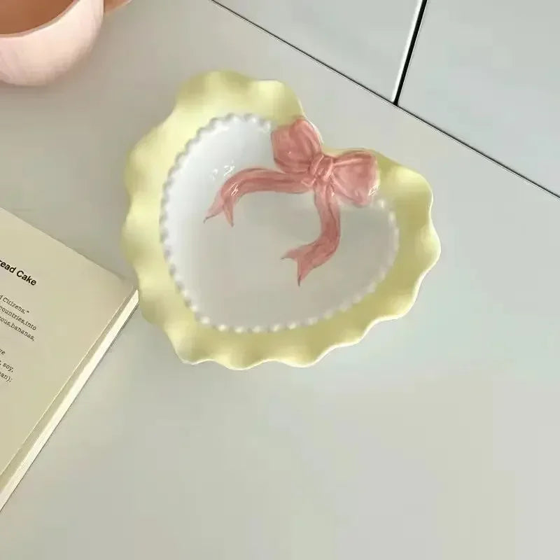 Heart-shaped Bow Wavy Edge Ceramic Dinnerware Set Ideal Cake Presentation, Korean Princess Pastry Platter, Lace-edged Rice Bowls