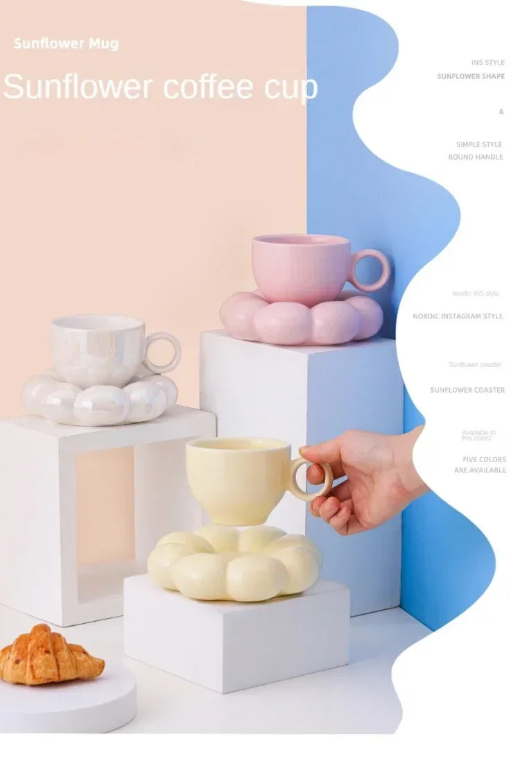 Ceramic Cloud-Shaped Coffee Cup Creative Sunflower Saucer Unique Office Afternoon Tea Mug Exquisite Milk Cups Kitchen Drinkware