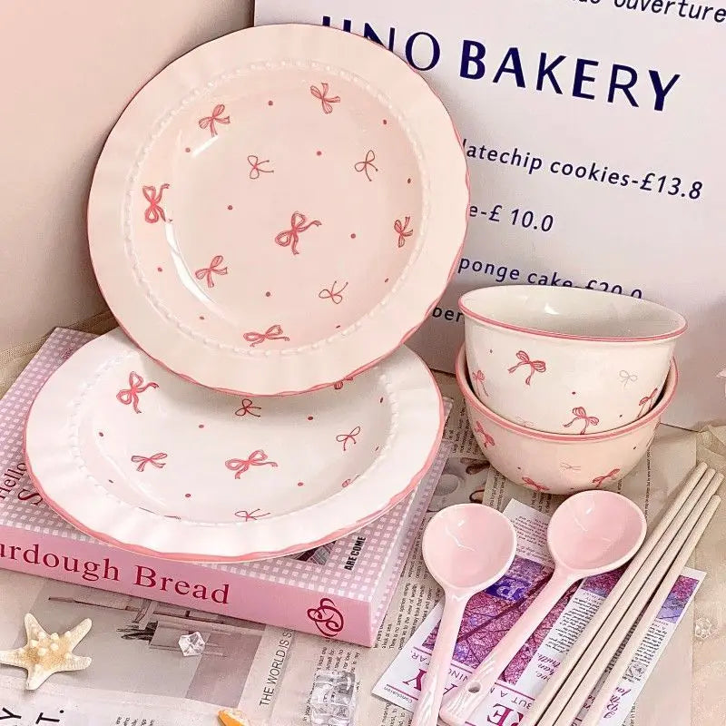 Korean Style Bowknot Underglaze Colored Bowl Plate Ceramic Dining Plate Home Salad Dessert Plate Household Art Tableware Set