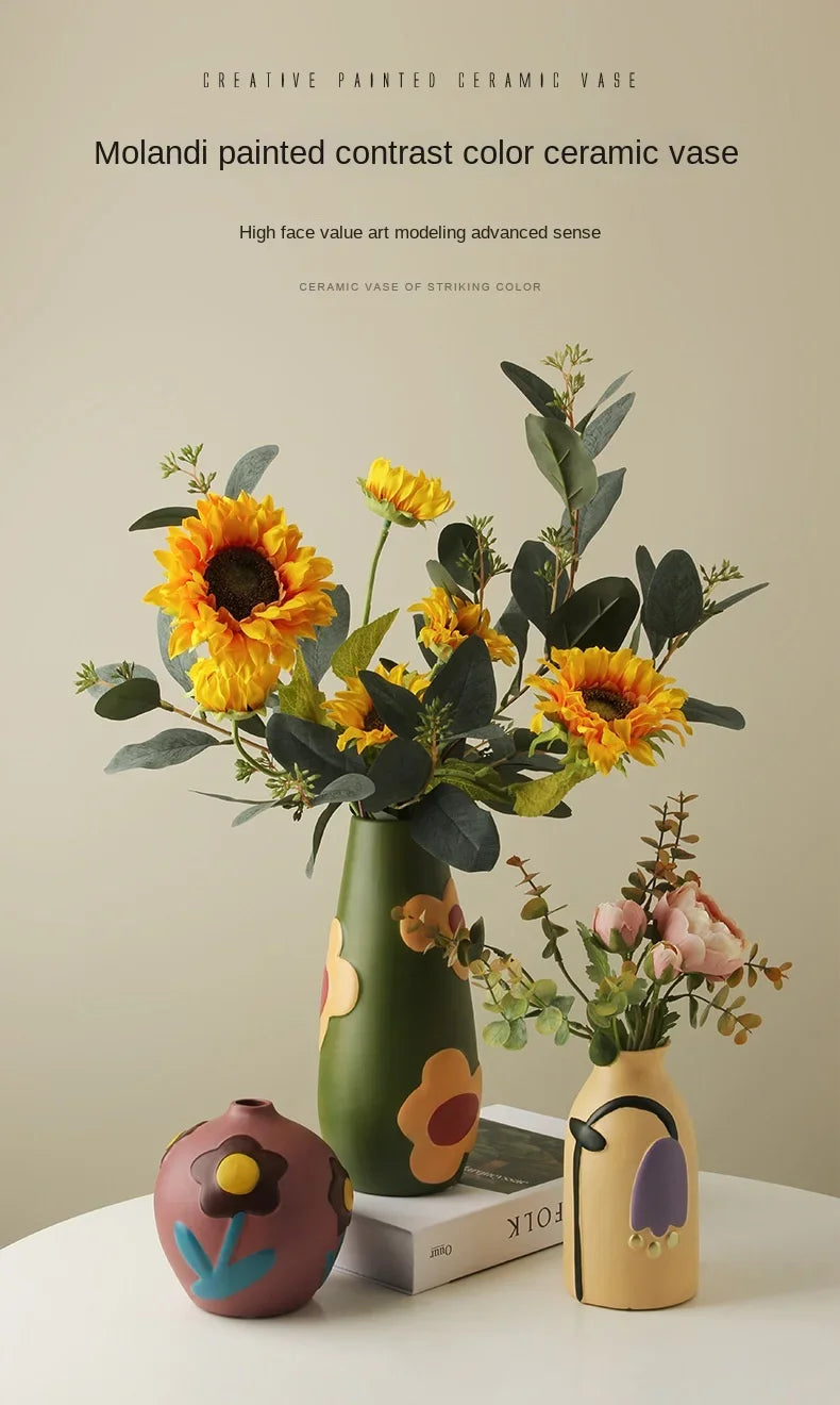 Desktop Ceramic Vase Living Room Flower Arrangement Creative Living Room Home Decoration Morandi Painted Flower Device