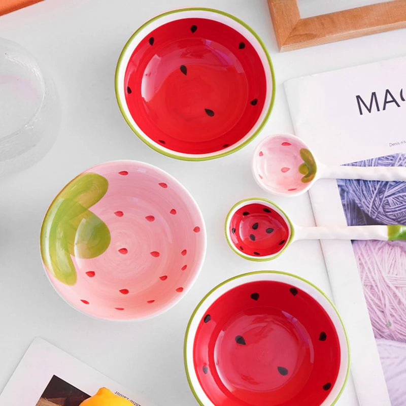 Lovely Strawberry Watermelon Shaped Bowl Spoon Ceramic Cereal Spoons Ramen Soup Spoons Fruit Pattern Serving Bowl Spoon
