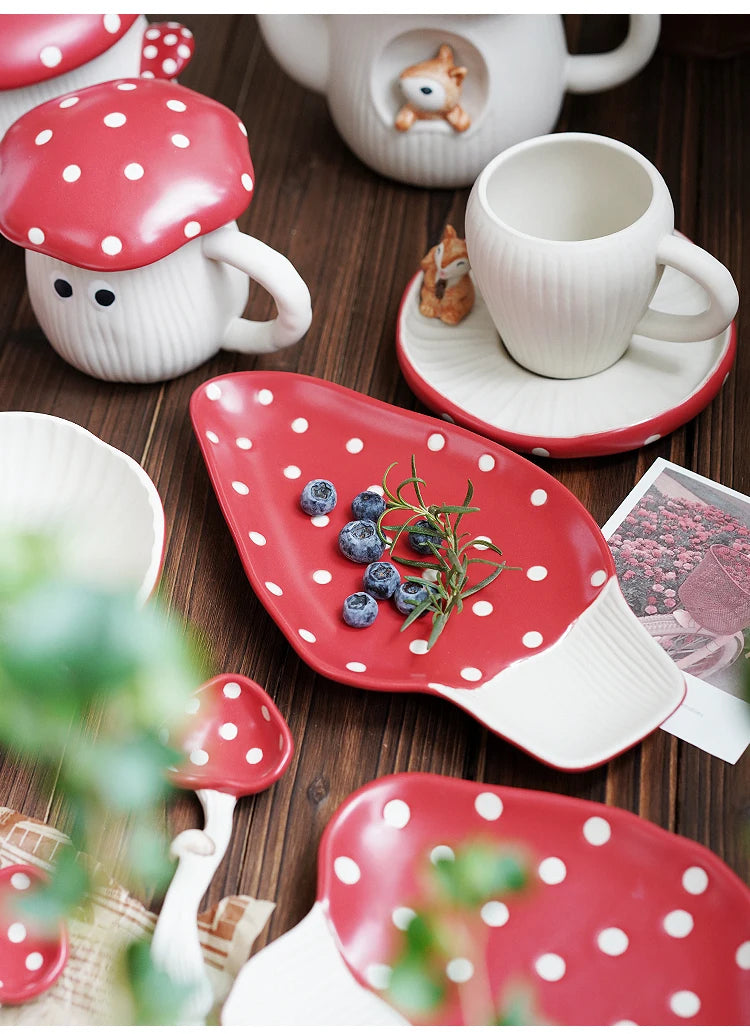 Cute Red Mushroom Ceramic Tableware Coffee Cup Afternoon Tea Set Creative Cartoon Pastry Plate Rice Bowl Salad Plate Dinner Dish