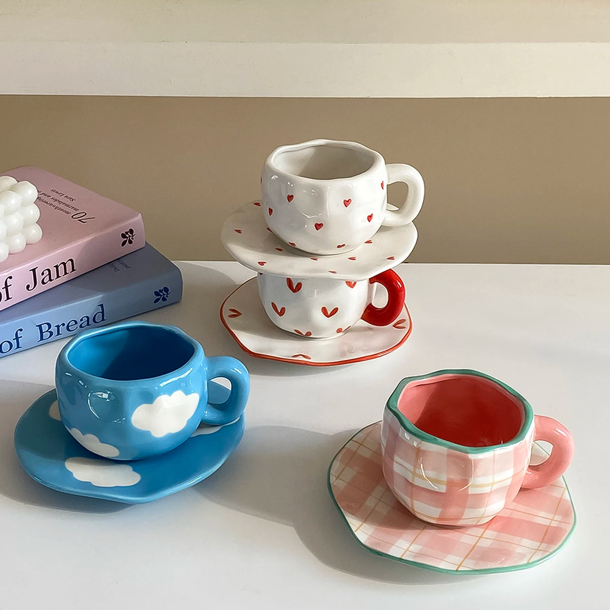 1Pc280Ml Original Design Scandinavian Style Hand-Kneaded Ceramic Coffee Cup and Saucer Multi-Color Plaid Heart Blue Sky and White Clouds Flower Mug Suitable for Afternoon Tea Milk Cup and Saucer Latte Cup Dessert Plate Cup an