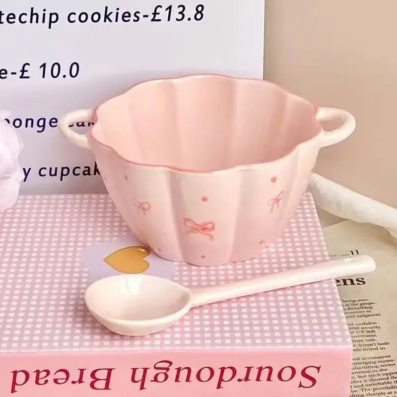 Pink Bow Rice Bowl,Ceramic Bowls Spoons Plates Underglaze Color High Value Tableware Dessert Bowl Set Unique Serving Plate